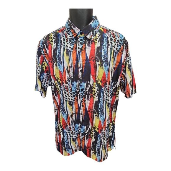 BASSIRI MEN'S CASUAL ABSTRACT SHORT SLEEVE SHIRT.ROYAL RED GOLD NAVY WHITE. 1033 - Picture 2 of 6